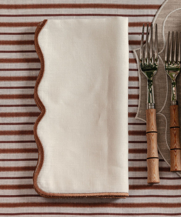 Rebecca Udall Scalloped Wavy Linen Dinner Napkin, Rosewood with Bamboo Handle Cutlery