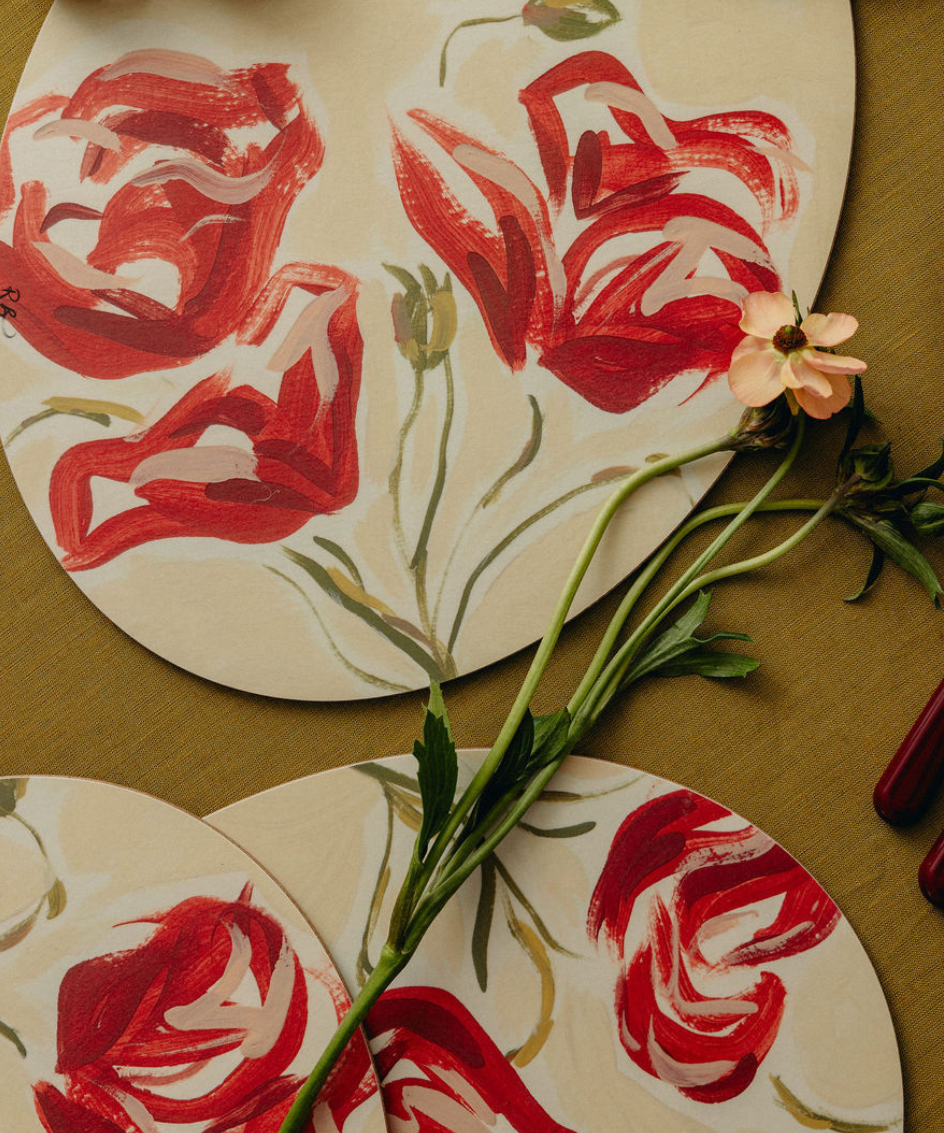 Set of 6 Rachel Bottomley Poppy Cork Backed Oval Placemats, Detail