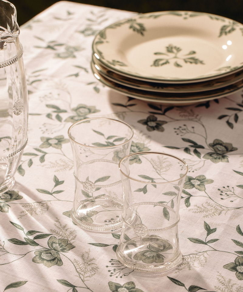 Rebecca Udall Diana Handblown Tumbler, Clear with Hellebore Tablecloth