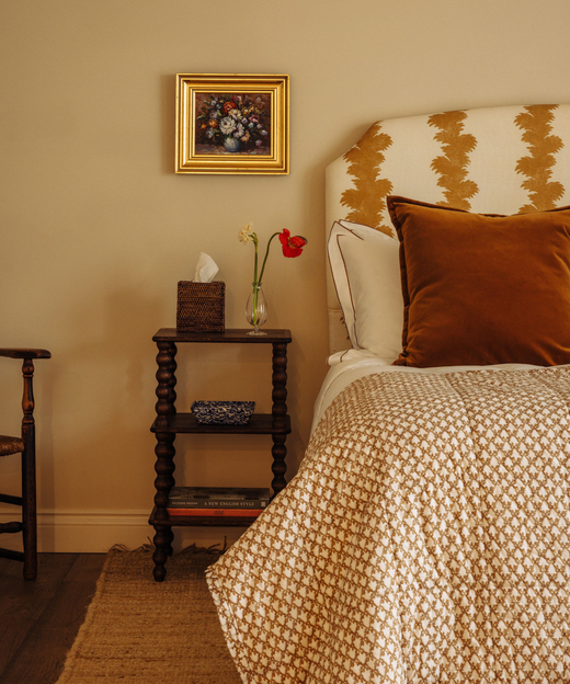 Frances Velvet Cushion, Warm Honey, Bedroom Lifestyle