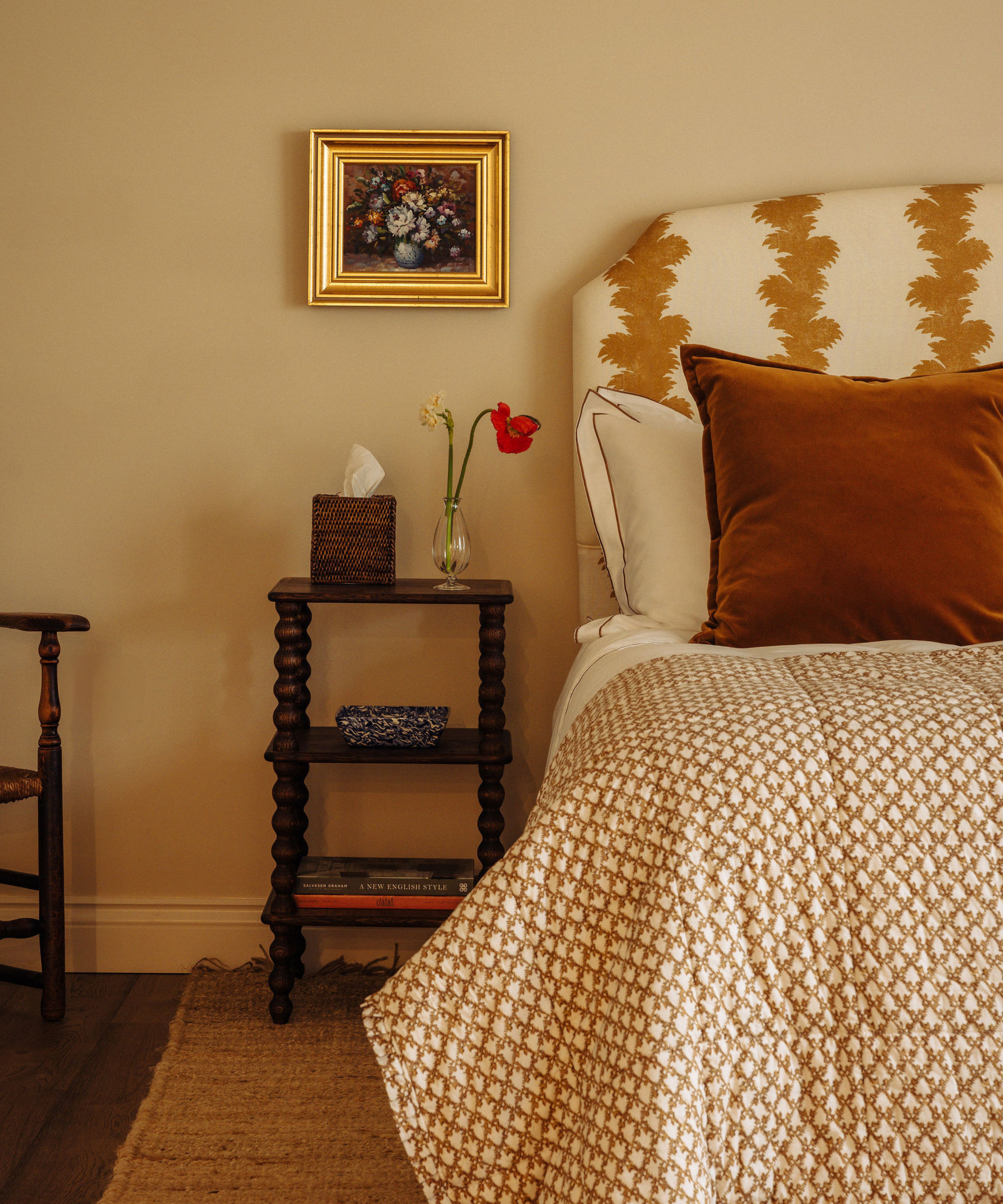 Frances Velvet Cushion, Warm Honey, Bedroom Lifestyle