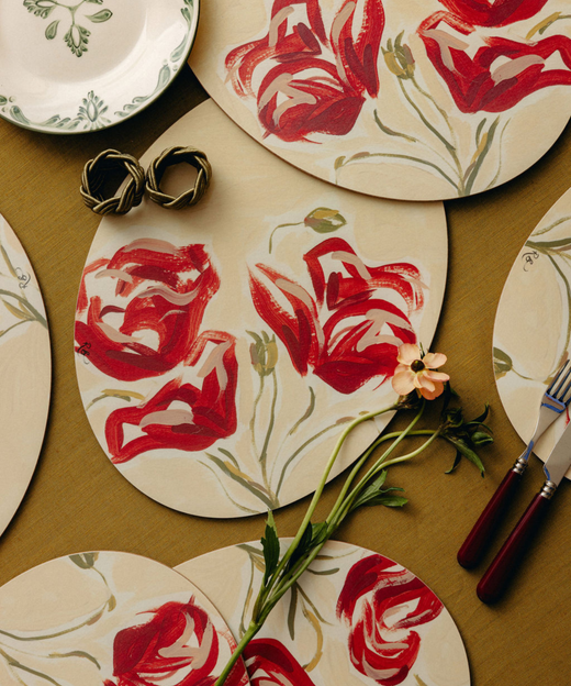 Set of 6 Rachel Bottomley Poppy Cork Backed Oval Placemats, with Burgundy Cutlery