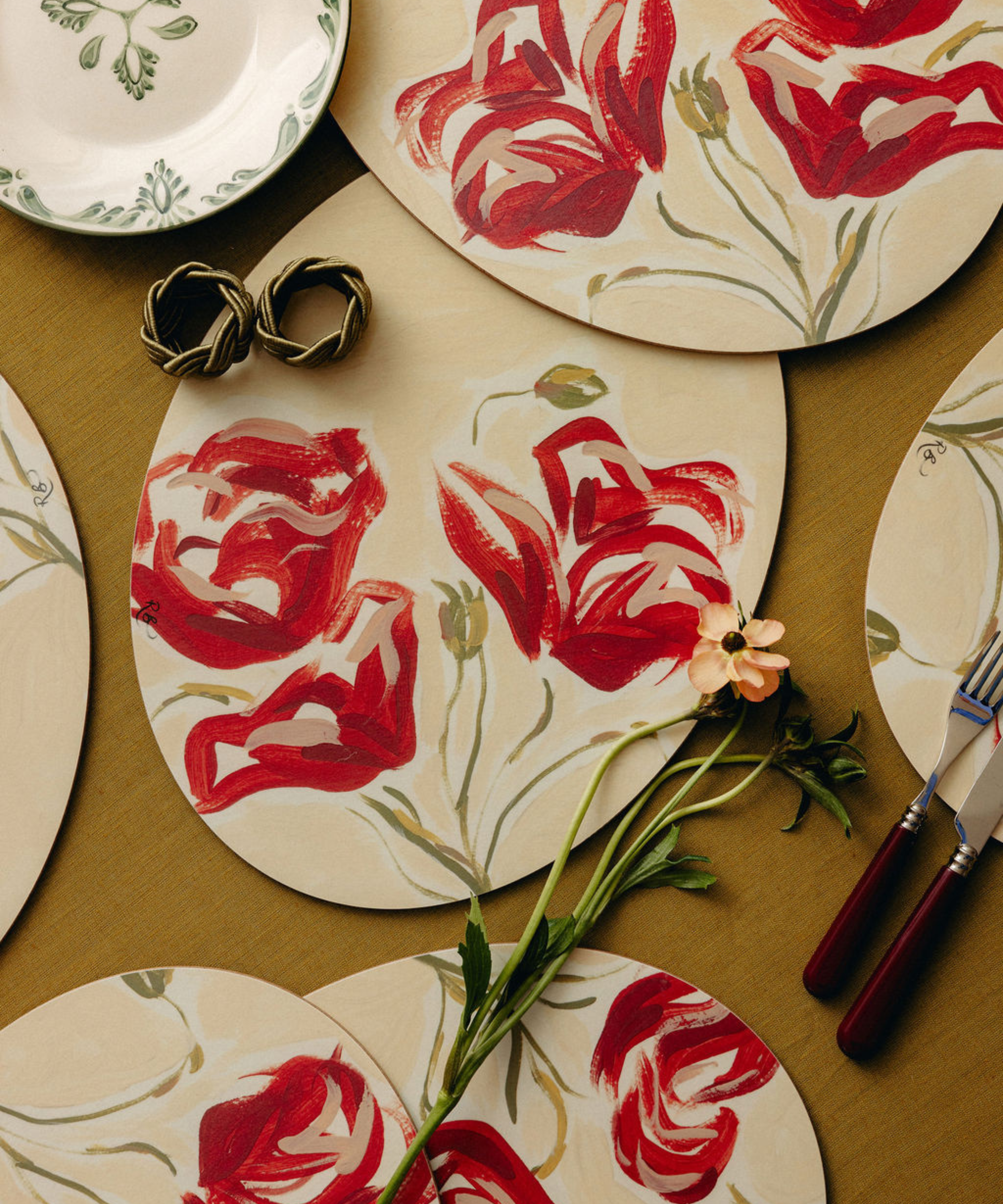 Set of 6 Rachel Bottomley Poppy Cork Backed Oval Placemats, with Burgundy Cutlery