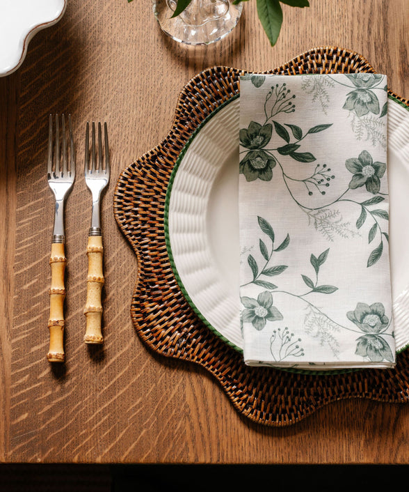 Rebecca Udall Scalloped Wavy Hand Woven Rattan Placemat, Dark Brown with the Bamboo Handle Cutlery