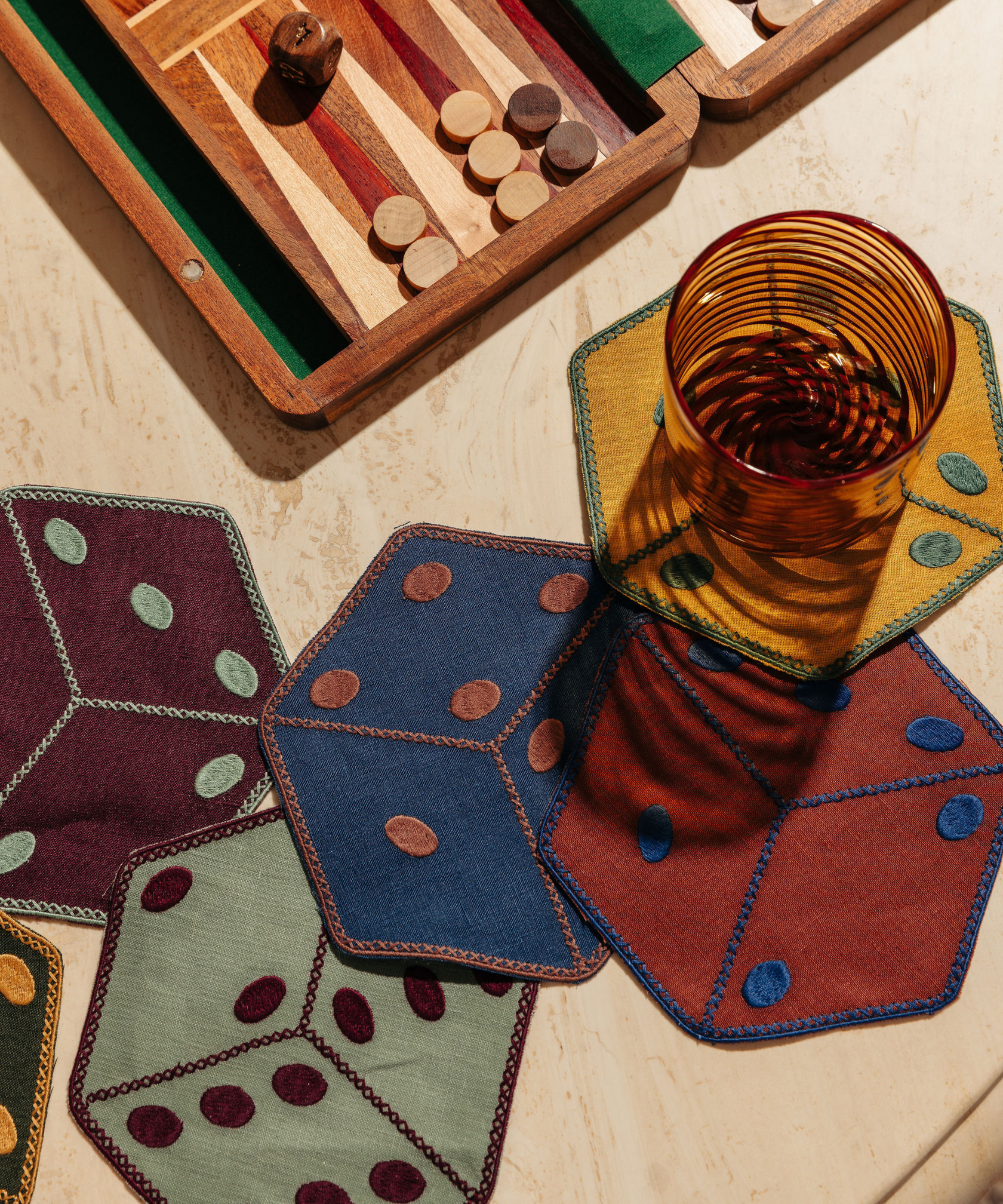 Set of 6 Dice Linen Cocktail Napkins, Lifestyle, with Murano Tumbler