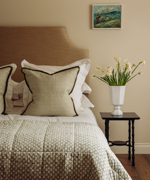 Margot Fringed Linen Cushion, Sage, with Clara Bedspread