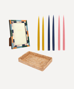 Rebecca Udall luxury home accents gift set. Photo frame, rattan wicker decoration tray, taper candles, natural mixed bright colours multicolour pink yellow blue modern 