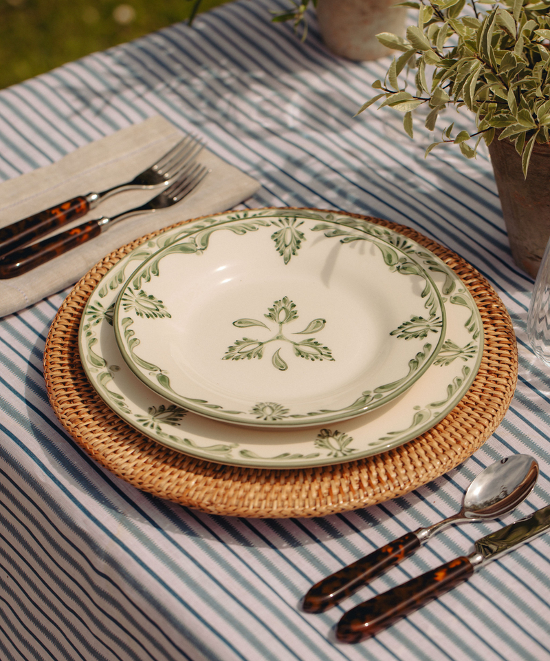 Rebecca Udall Eleanor Dessert Plate Green with the Victoria Striped Tablecloth