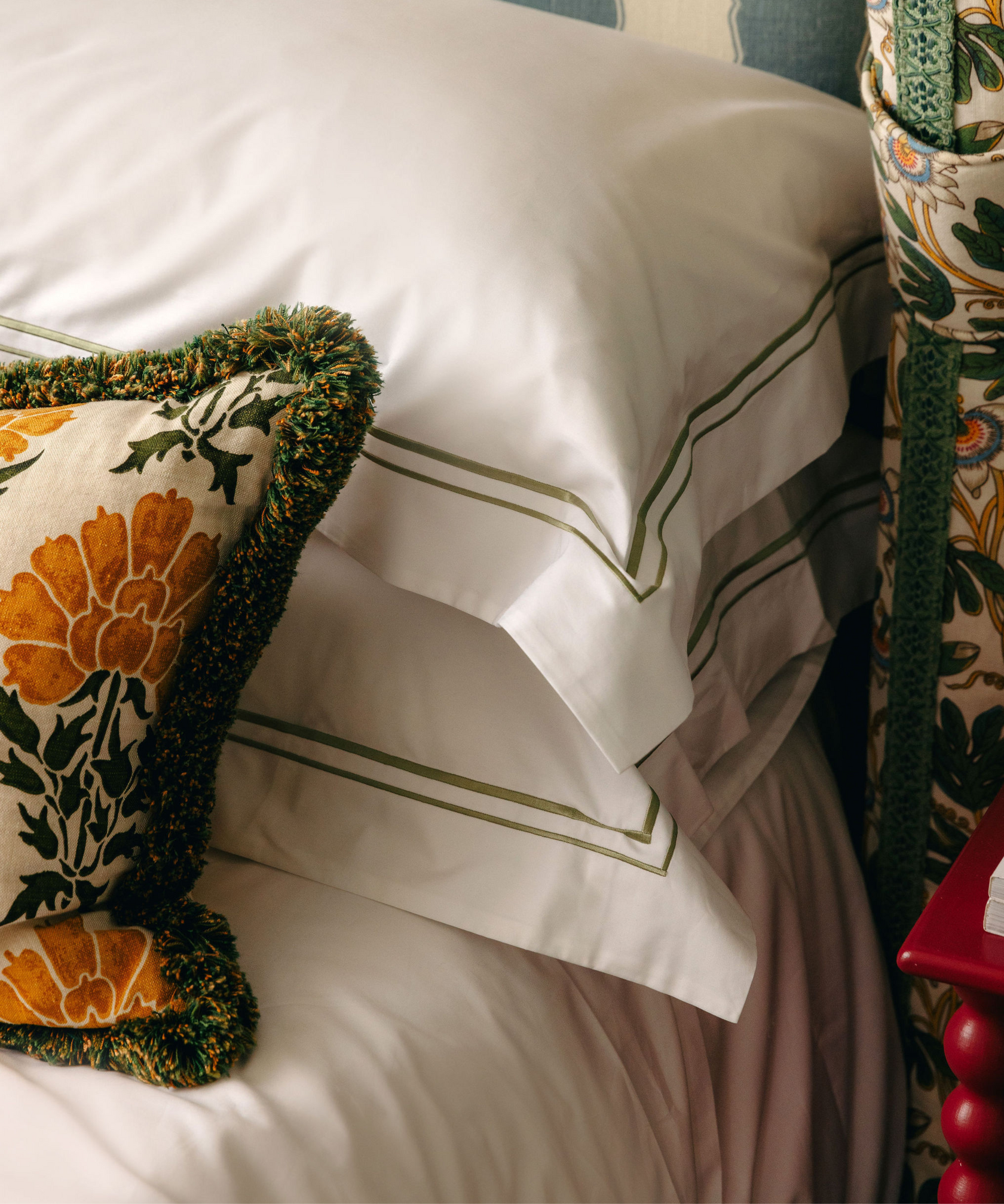 Evora Double Row Corded Bed Linen, Sage, Bedroom Lifestyle