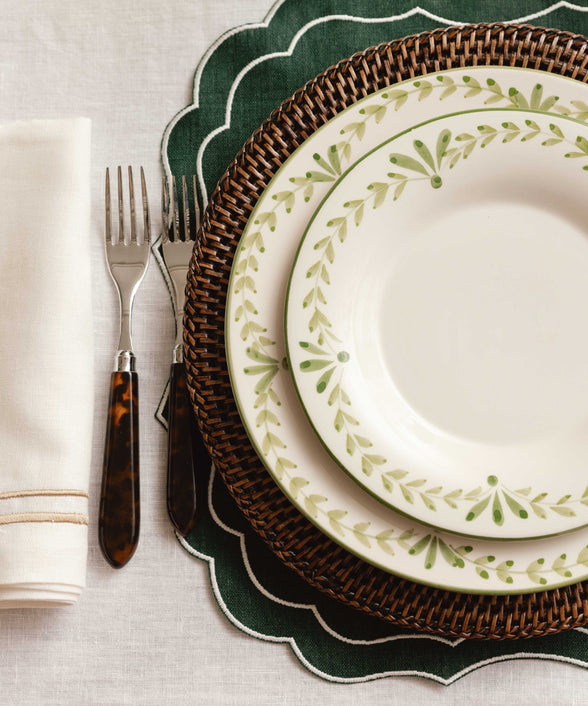 Rebecca Udall Elouise Dinner Plate, Green with the Rattan Charger