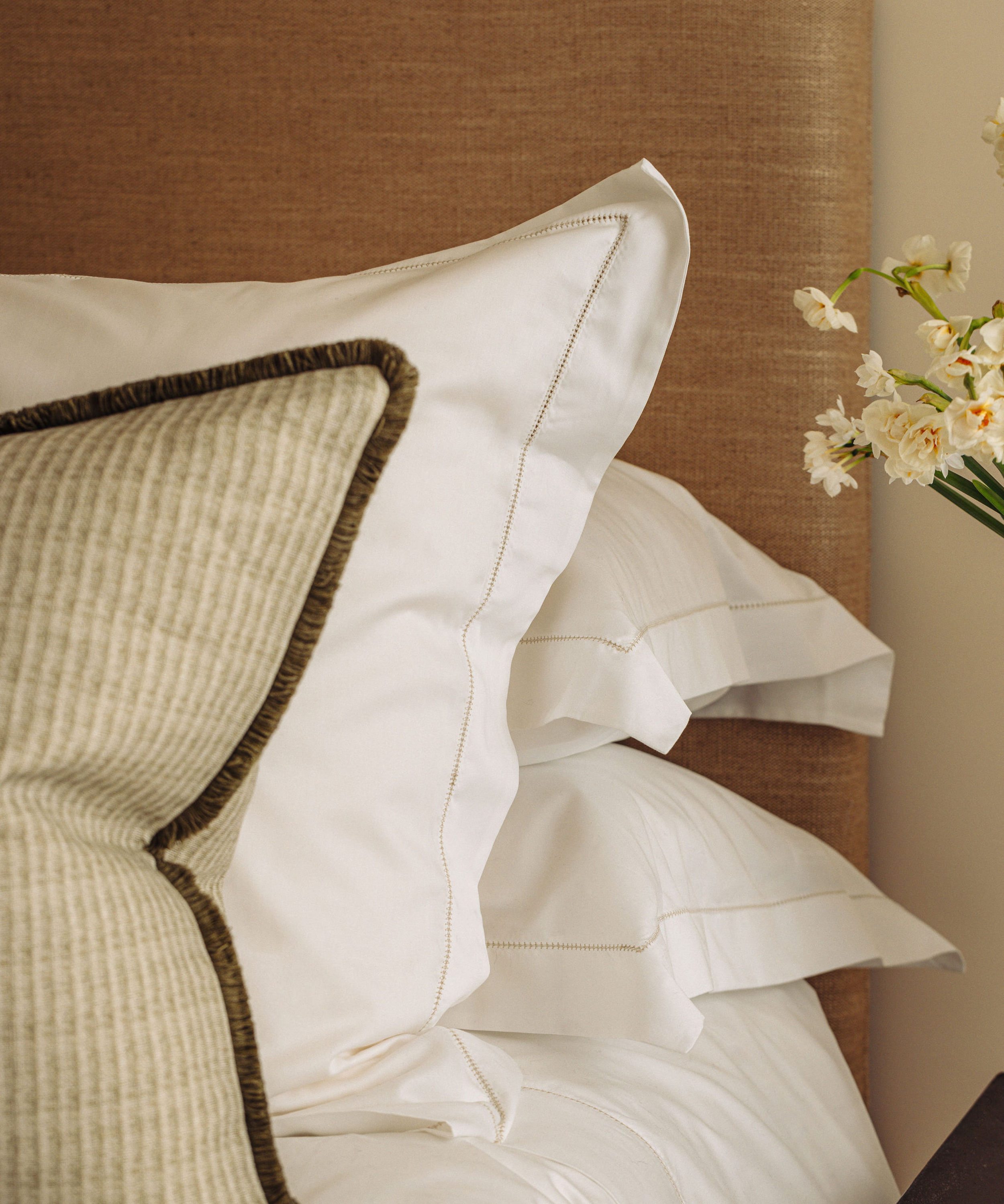 Margot Fringed Linen Cushion, Sage, with Porto