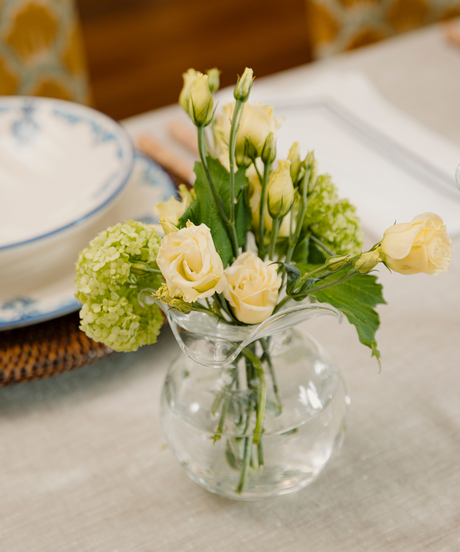Rebecca Udall Handblown Elizabeth Handblown Vase with the Classic Linen Tablecloth