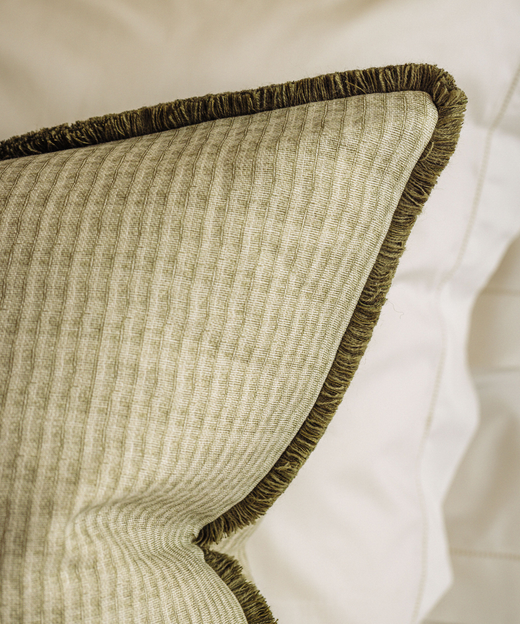 Margot Fringed Linen Cushion, Sage, Lifestyle, Fringe Detail