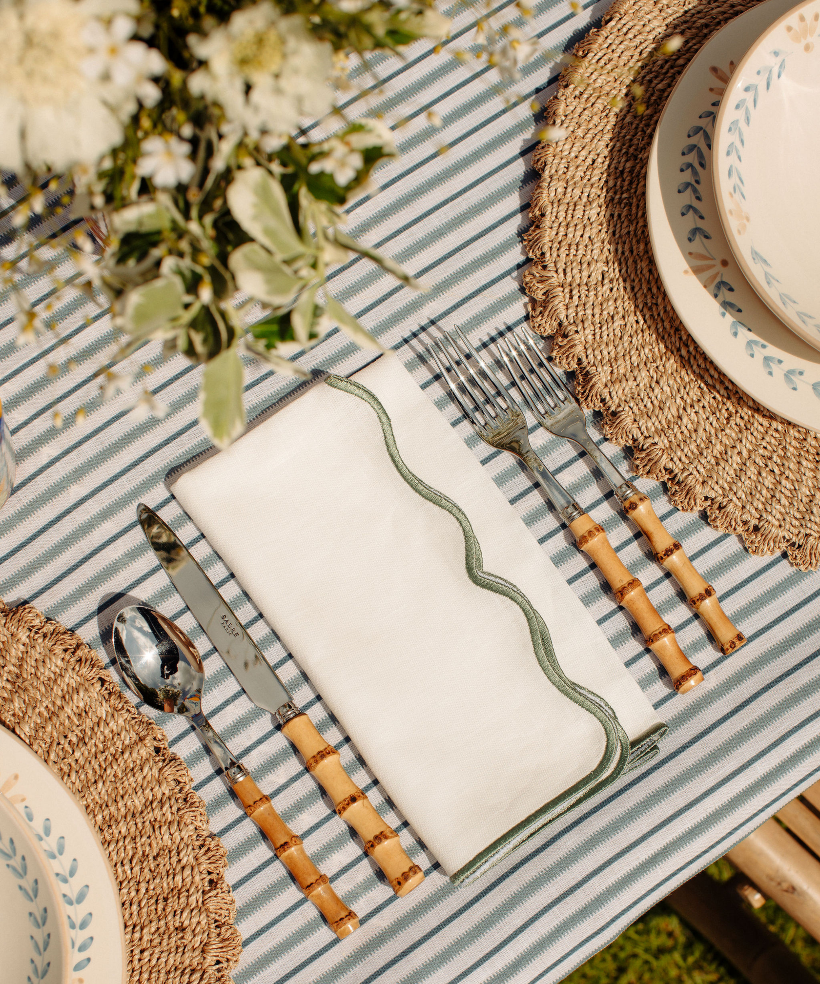 Rebecca Udall Scalloped Linen Napkin, Green with Bamboo Handle Cutlery