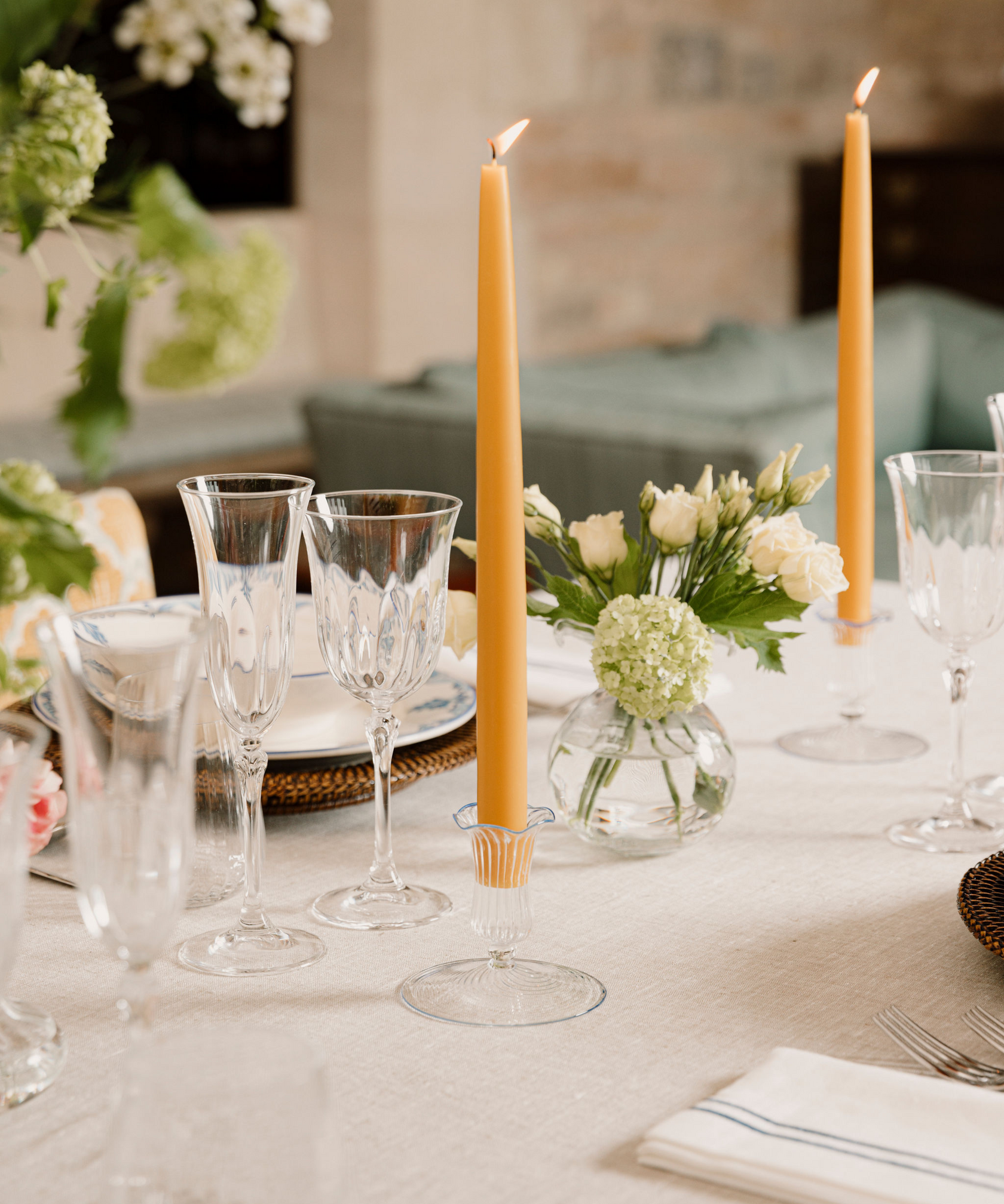 Rebecca Udall Set of 6 Danish Taper Candles, Amber with the Daphne Wine Glasses