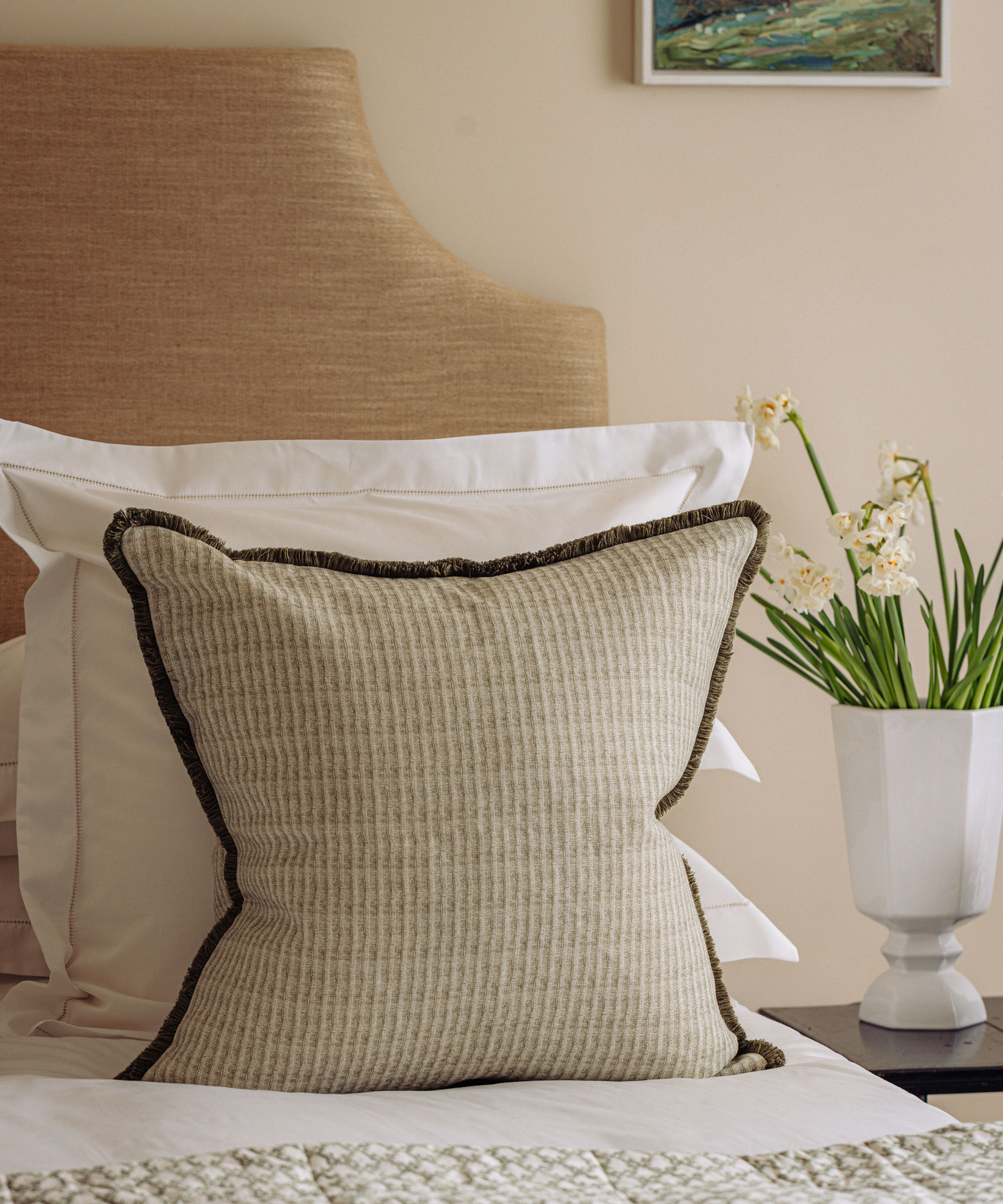 Margot Fringed Linen Cushion, Sage, Lifestyle