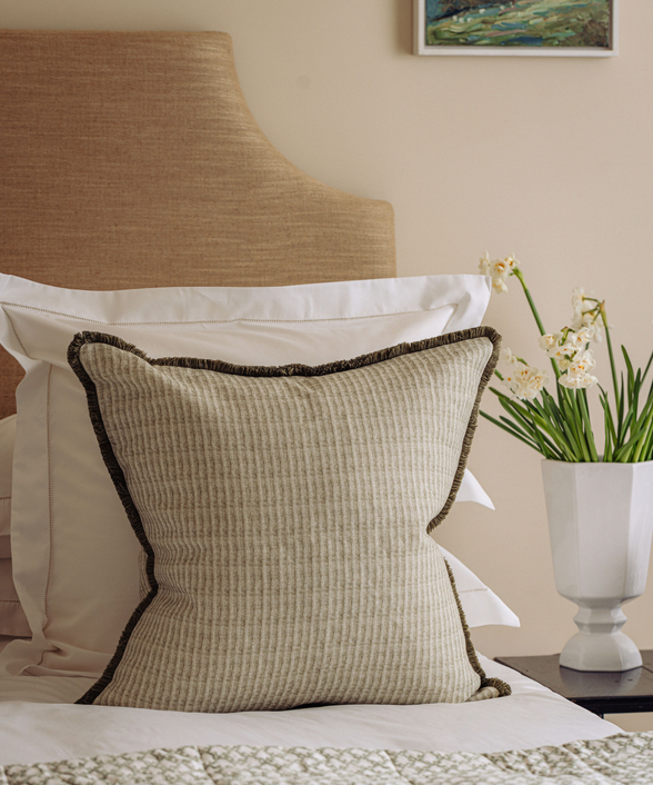 Margot Fringed Linen Cushion, Sage, Lifestyle