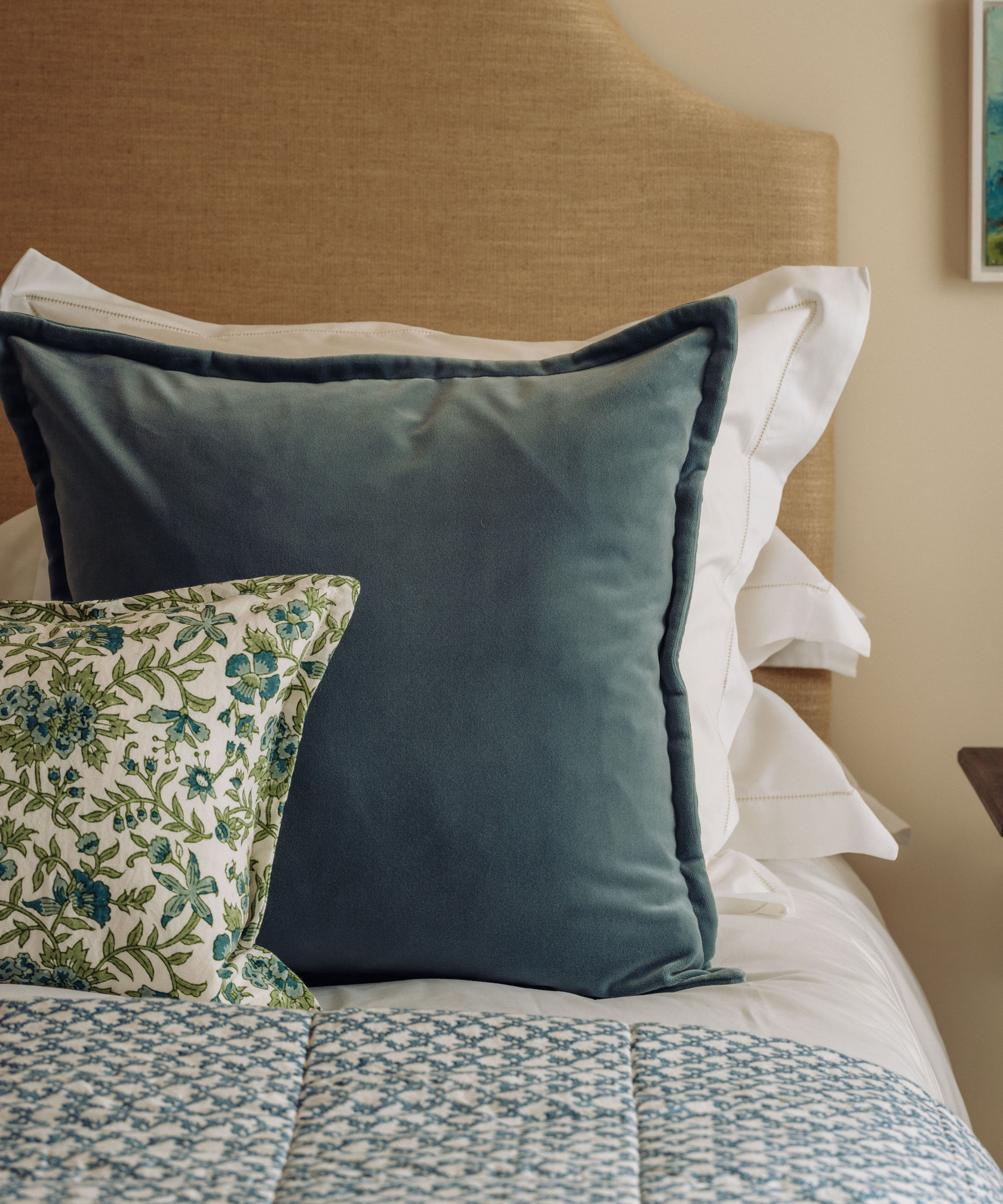 Clara Pleated Quilted Cotton Bedspread, Denim, with Frances and Imogen Cushions