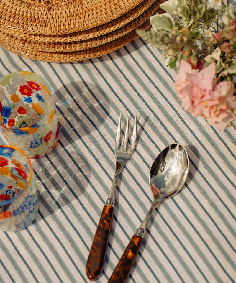 Rebecca Udall Victoria Striped Linen Tablecloth, Blue with Rattan Chargers