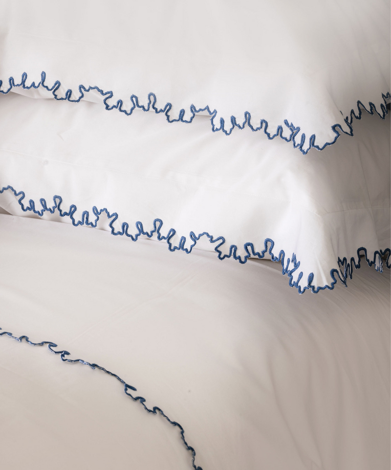 Rebecca Udall, Thea Scalloped Bed Linen, Denim Blue Edge Trim Detail