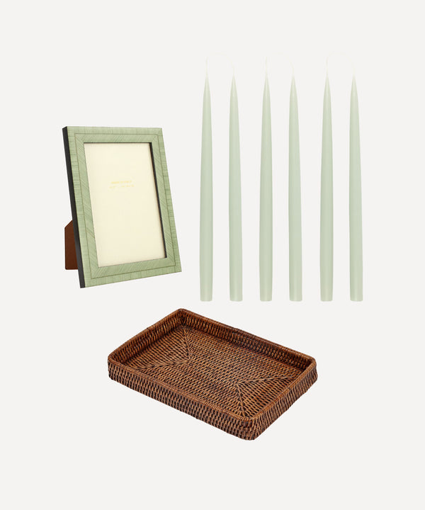 Rebecca Udall luxury home accents gift set. Photo frame, rattan wicker decoration tray, taper candles, dark brown, green sage pistachio