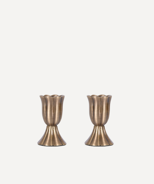 Rebecca Udall Pair of Fluted Candleholders, Brass, Ivory Background