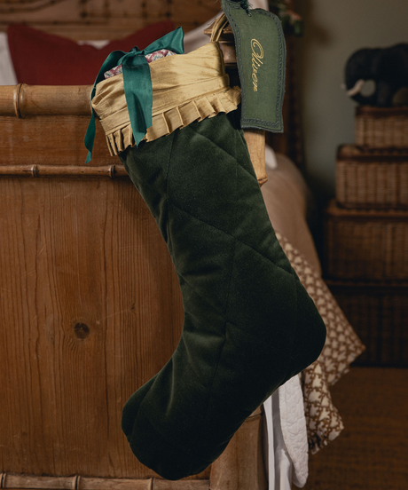 Quilted Velvet & Silk Christmas Stocking with Personalised Linen Gift Tag, Green