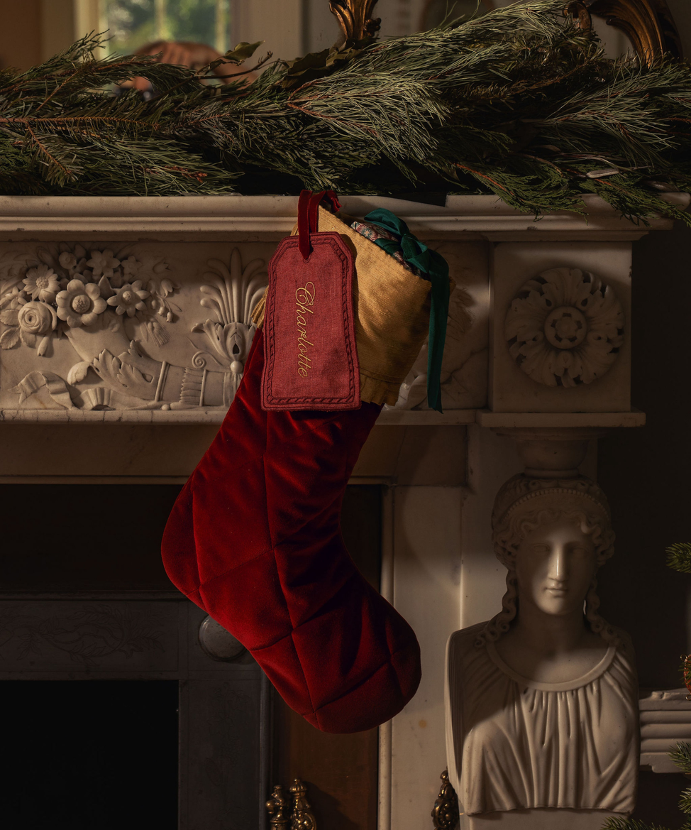 Quilted Velvet & Silk Christmas Stocking with Personalised Linen Gift Tag, Burgundy