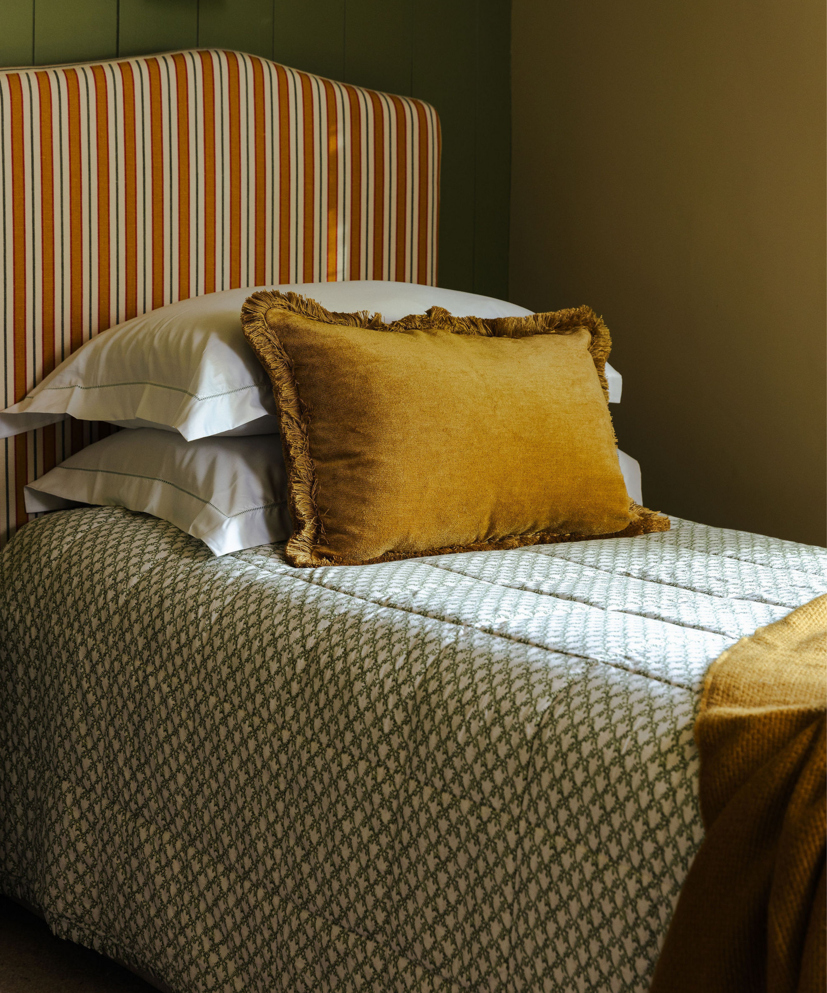 Clara Pleated Quilted Cotton Bedspread, Sage, with Velvet Cushion, Bed Lifestyle