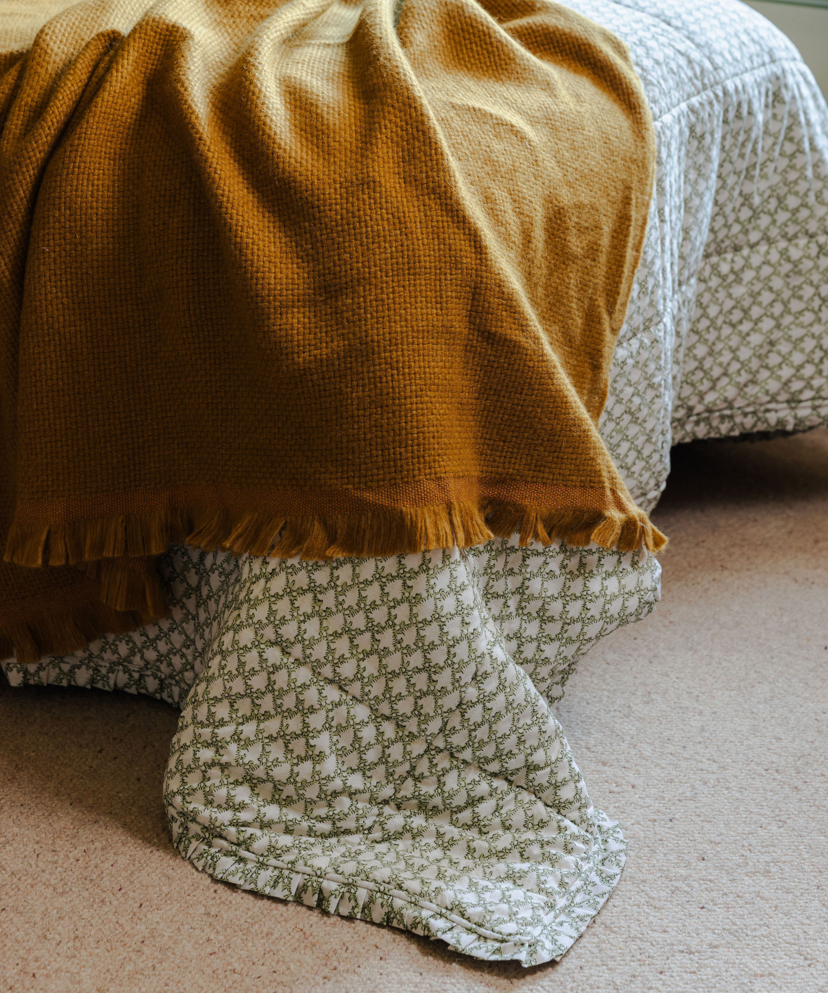 Clara Pleated Quilted Cotton Bedspread, Sage, with Alpaca Throw