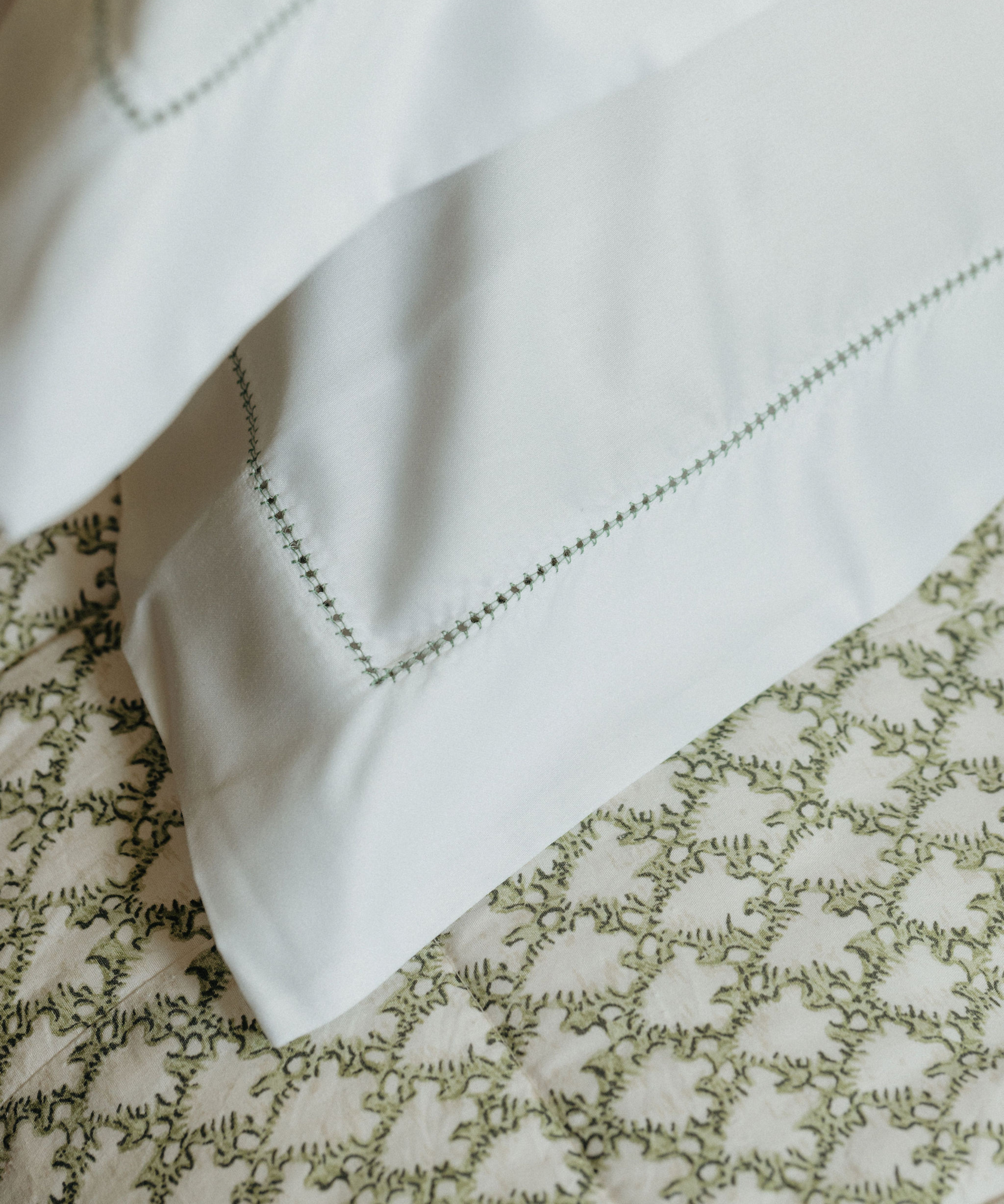 Clara Pleated Quilted Cotton Bedspread, Sage, with Porto Bed Linen