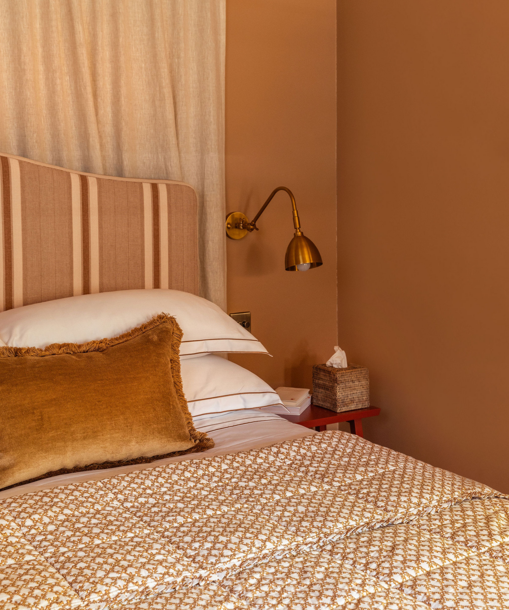 Clara Pleated Quilted Cotton Bedspread, Tobacco, Lifestyle, with Frame bed Linen and Velvet Cushion