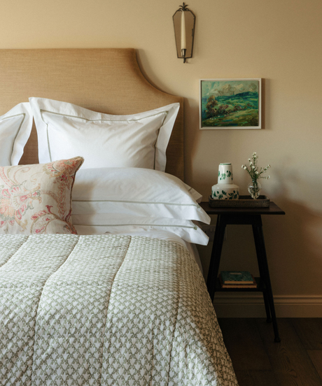 Clara Pleated Quilted Cotton Bedspread, Sage, Bedroom Lifestyle