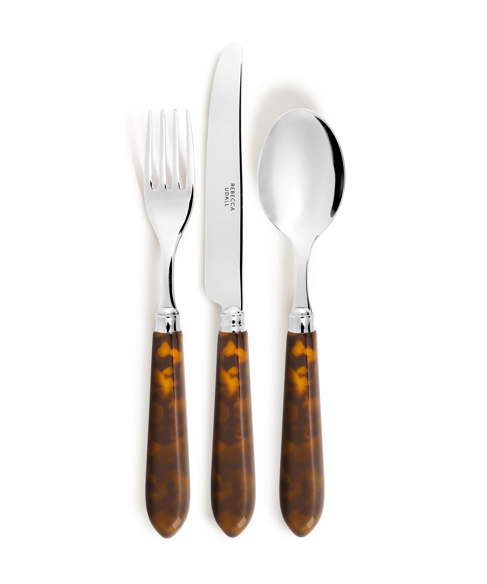 Rebecca Udall Luxury Classic Handle Cutlery silverware, Tortoiseshell Brown Three Piece Set