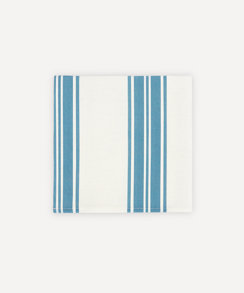 Colette Striped Linen Napkin, Harbour Blue, Ivory Background