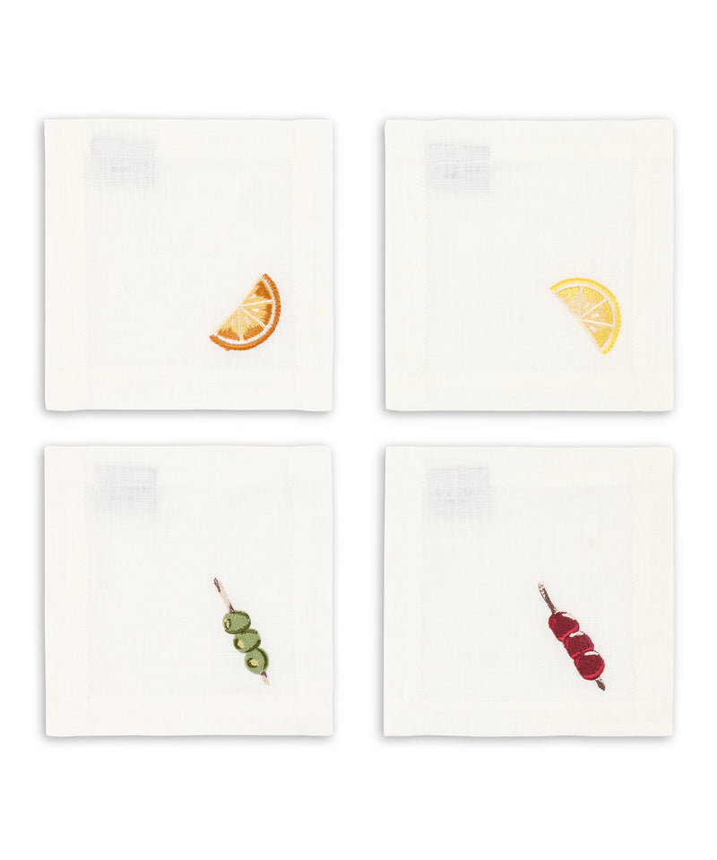 Rebecca Udall Set of 4 Garnish Cocktail Napkins, White Background.