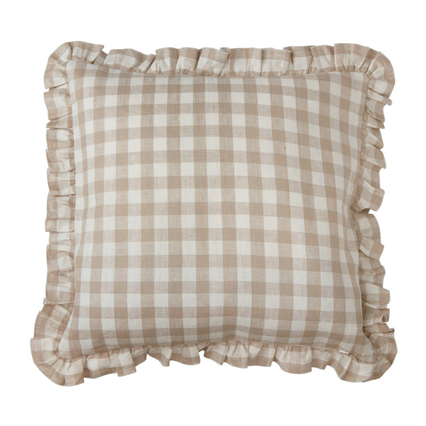 Ruffle Gingham Linen Square Cushion Cover, Taupe