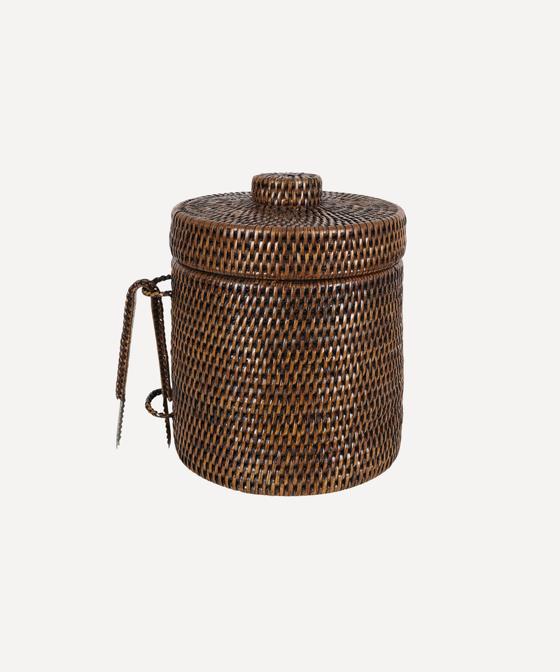 Rattan Ice Bucket with Tongs in Chestnut Brown I REBECCA UDALL