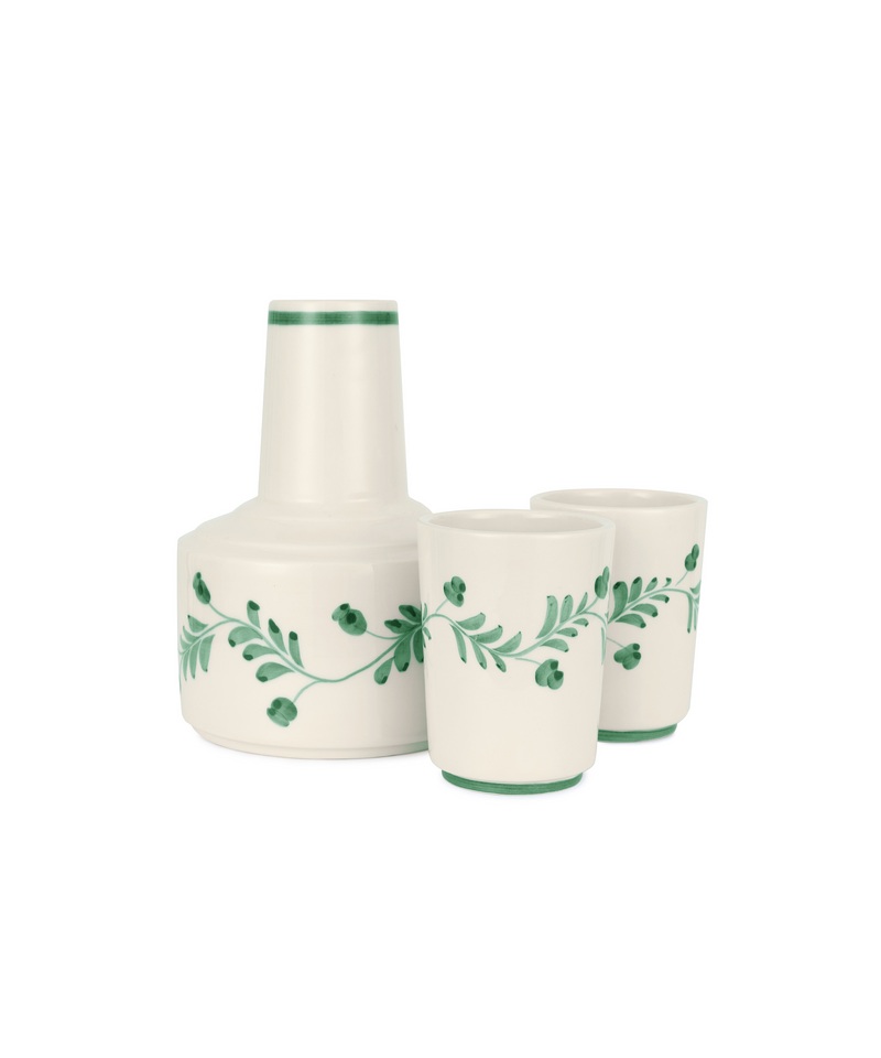 Rebecca Udall Iris Ceramic Carafe & Pair of Tumblers, Dark Green, White Background