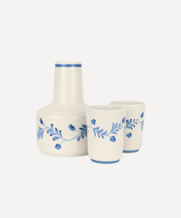 Rebecca Udall Iris Ceramic Carafe & Pair of Tumblers, Denim, Ivory Background