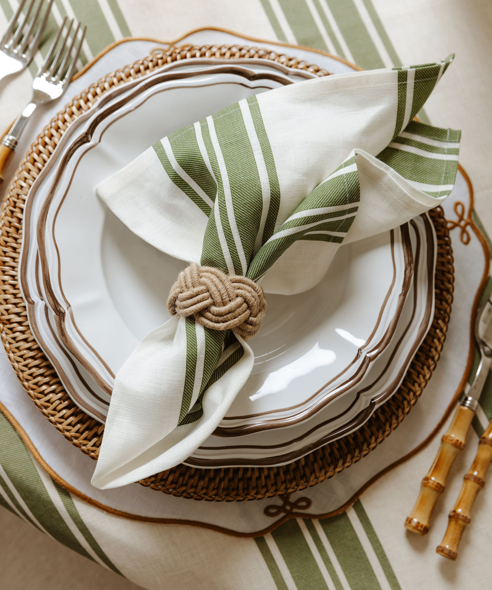 Colette Striped Linen Napkin, Olive Green