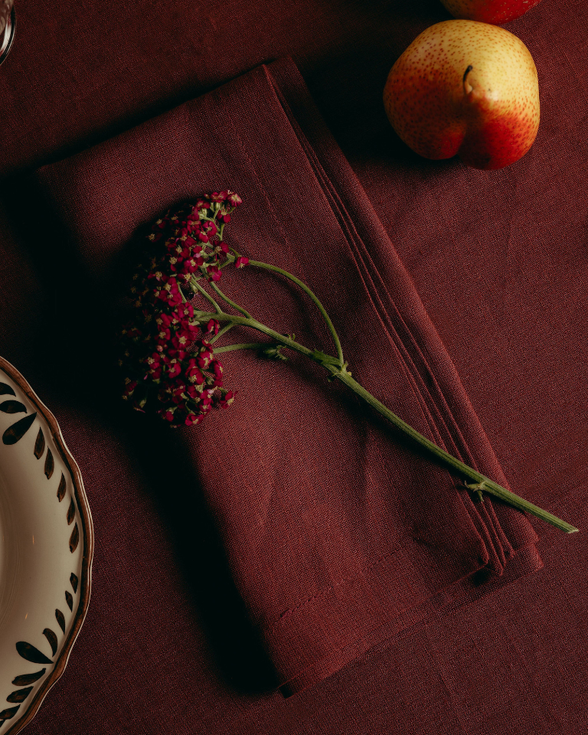 Classic Linen Table Linens, Deep Marsala, with Otillie Crockery