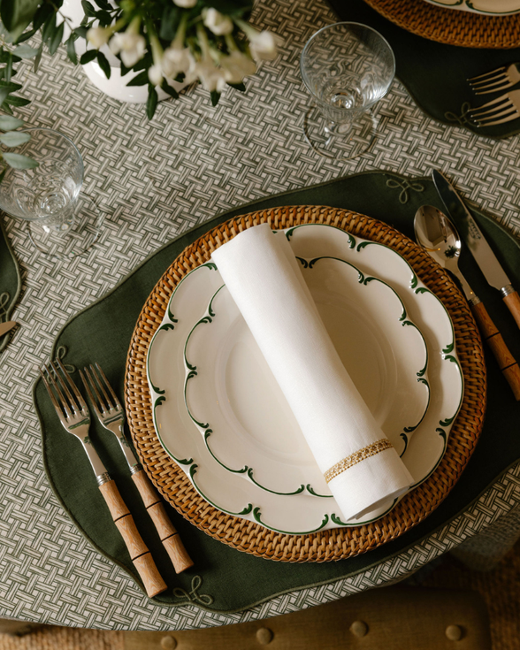 Set of 4 Nancy Linen Placemats, Forest Green, with Basketweave Tablecloth