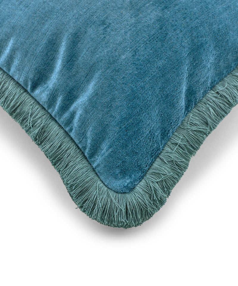 Rebecca Udall, Lola Brushed Fringe Velvet Cushion, Square, Detail, Denim Blue