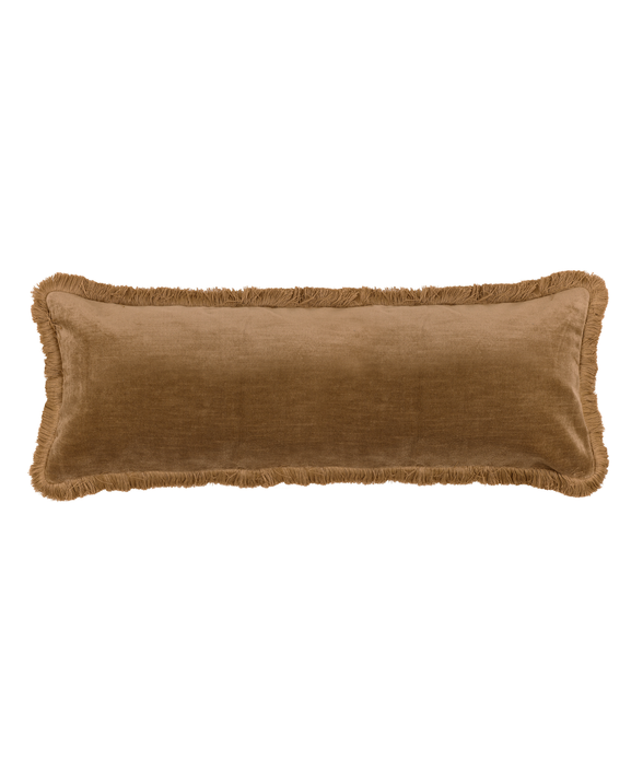Rebecca Udall Lola Brushed Fringe Linen Velvet Lumbar Cushion, Nougat, White Background