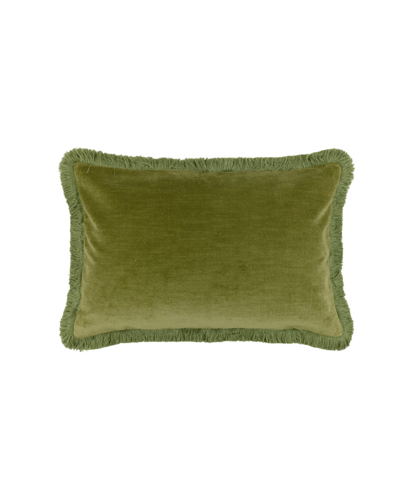 Rebecca Udall Lola Brushed Fringe Linen Velvet Cushion, Classic Rectangular, Moss