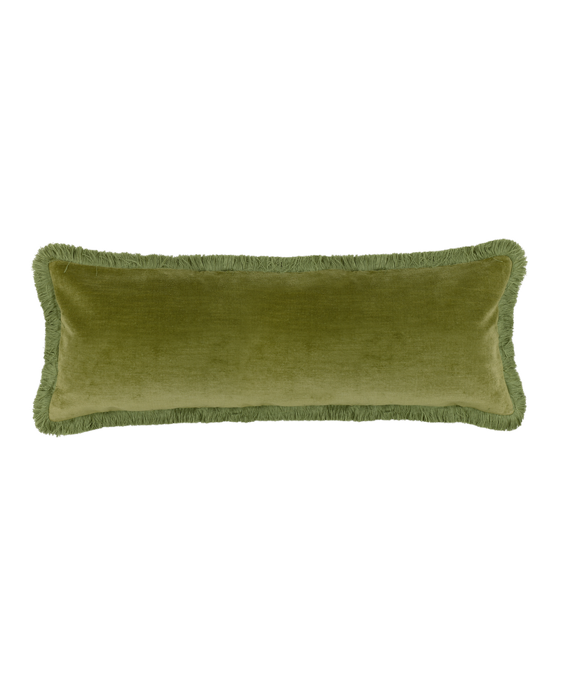 Rebecca Udall Lola Brushed Fringe Linen Velvet Lumbar Cushion, Moss, White Background