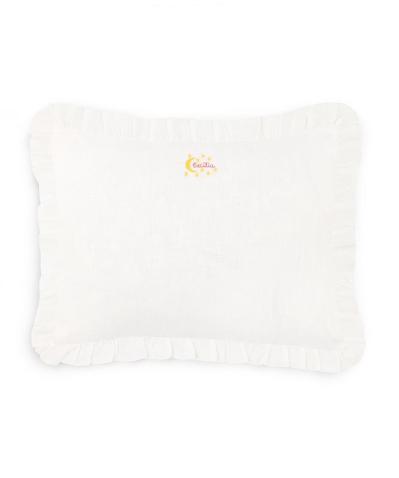 Rebecca Udall, Lottie Mayland X Rebecca Udall Ruffle Linen Boudoir Pillow - Name & Moon and Stars Motif.