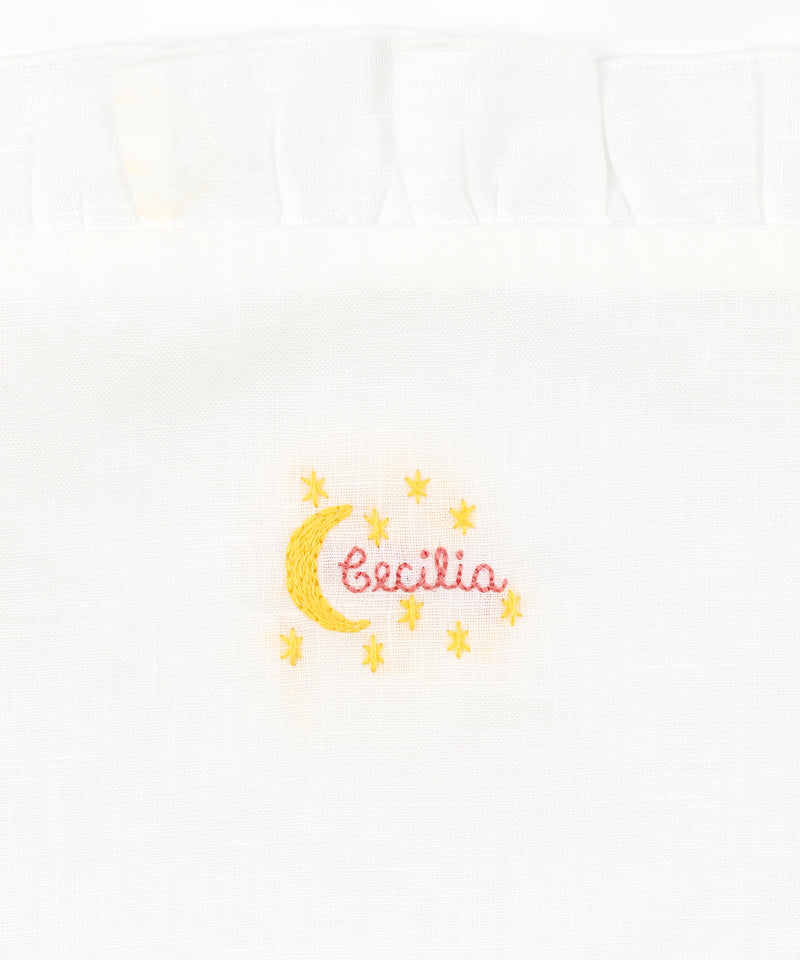 Rebecca Udall, Lottie Mayland X Rebecca Udall Ruffle Linen Boudoir Pillow - Name & Moon and Stars Motif, Detail