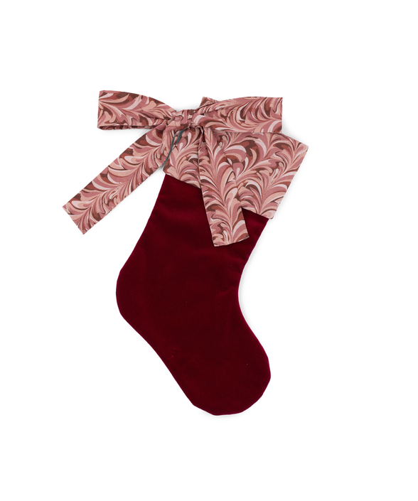 Marble Linen & Velvet Bow Christmas Stocking, Burgundy